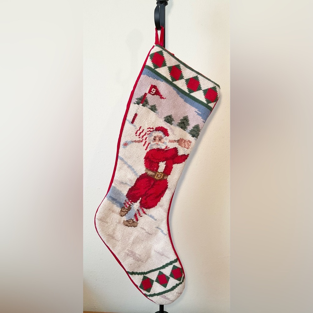 Vintage Needlepoint Golfing Santa Stocking